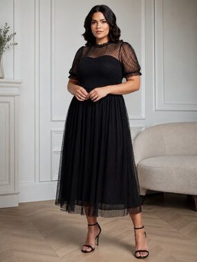 Chelsea28 Sheer Polka Dot Midi With Mock Neck In Black - Women’s 2X